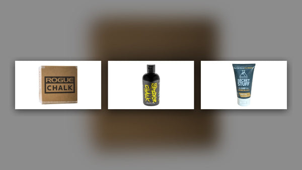 リフティング用の粉チョーク(ブロック)の箱と、液体チョークのボトル、チョーク入りグリップクリームのチューブを並べた商品写真