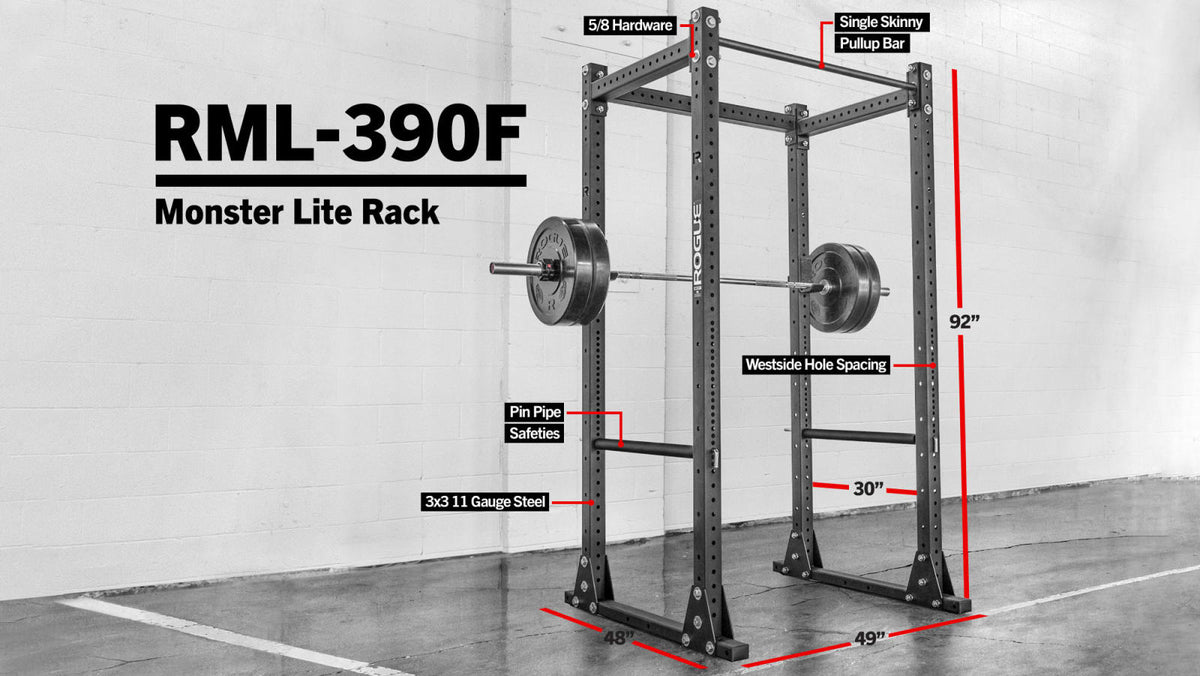 Rogue RML-390F Monster Liteラック。3×3インチ11ゲージ鋼とウエストサイド穴間隔の注記つき