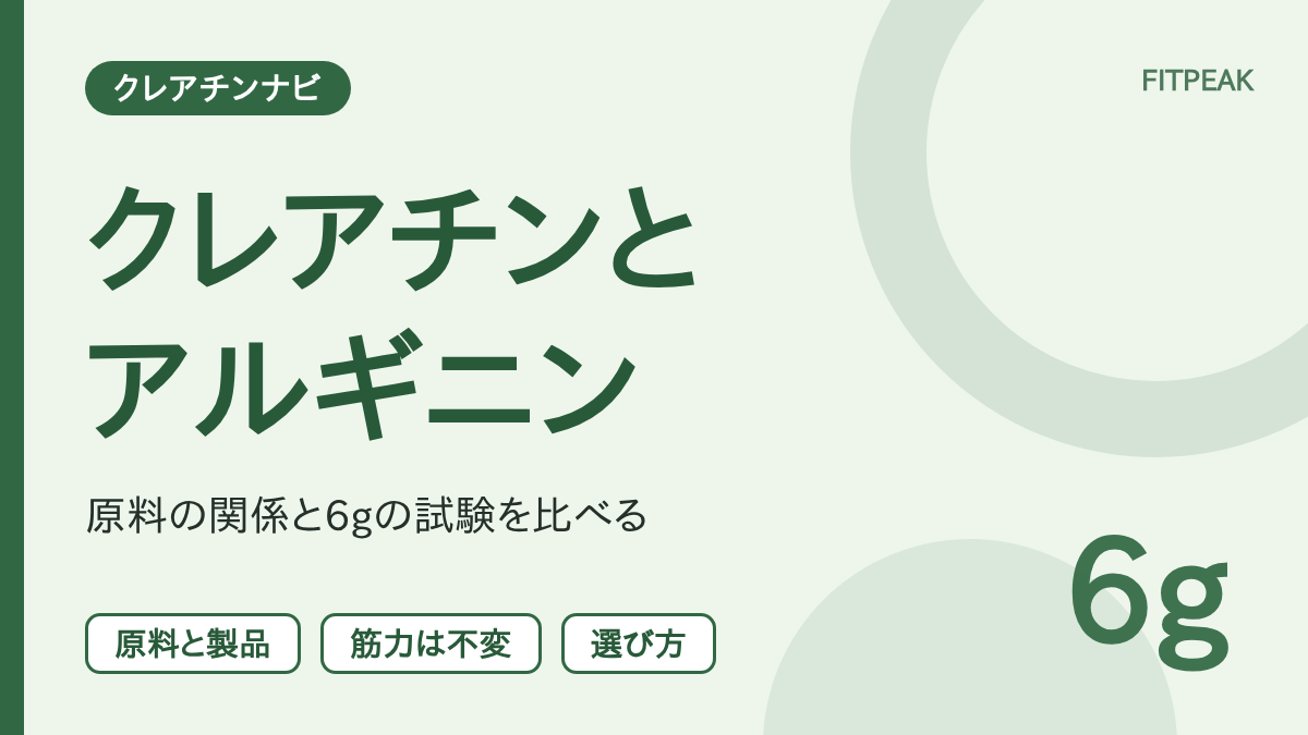 クレアチンとアルギニンの違いを、原料の関係と6gの試験の結果で比べた図解