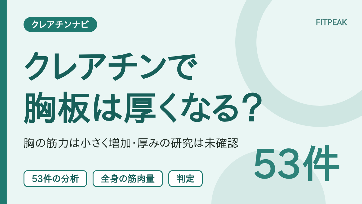 クレアチンで胸板が厚くなるかを、胸の筋力、全身の筋肉量、胸板の厚みの確認状況で示した図解