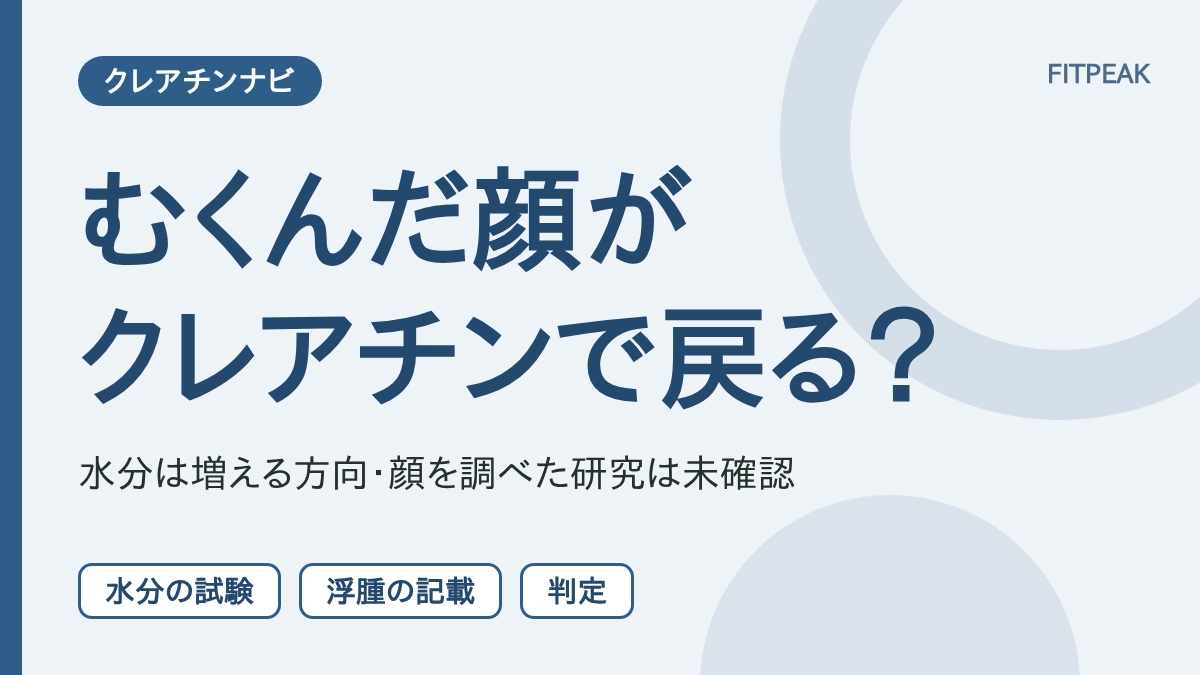 クレアチンでむくんだ顔が戻るかを、体内の水分、浮腫の記載、顔の研究の有無で示した図解