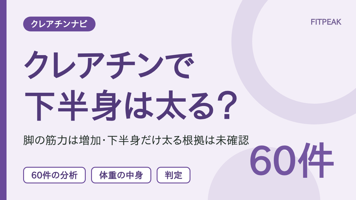 クレアチンで下半身が太るかを、脚の筋力、体重の増え方、下半身だけ太るかの確認状況で示した図解