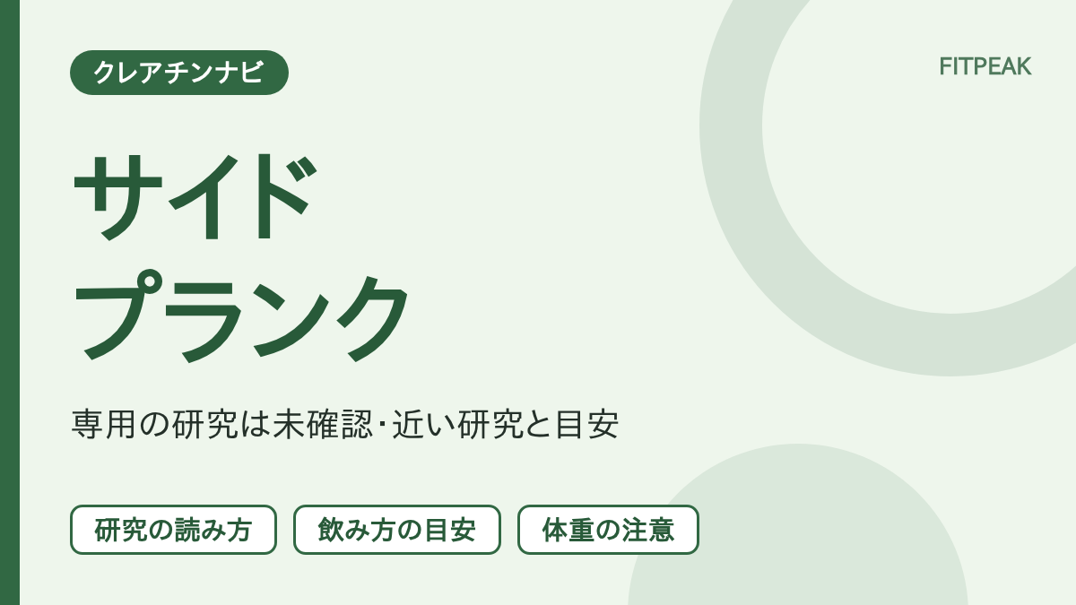 クレアチンとサイドプランクの保持時間の関係を、研究の有無・飲み方・体重の注意の3点で示した図解