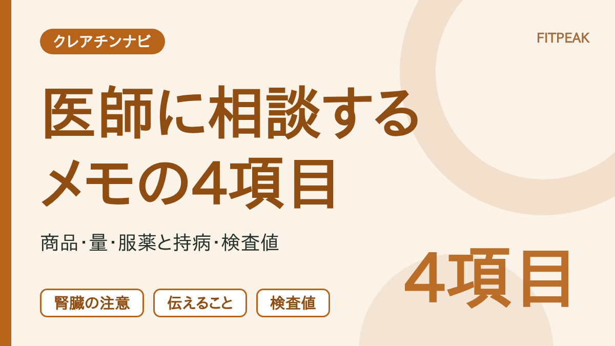 クレアチンについて医師に相談するときに伝える4つの項目を示した図解