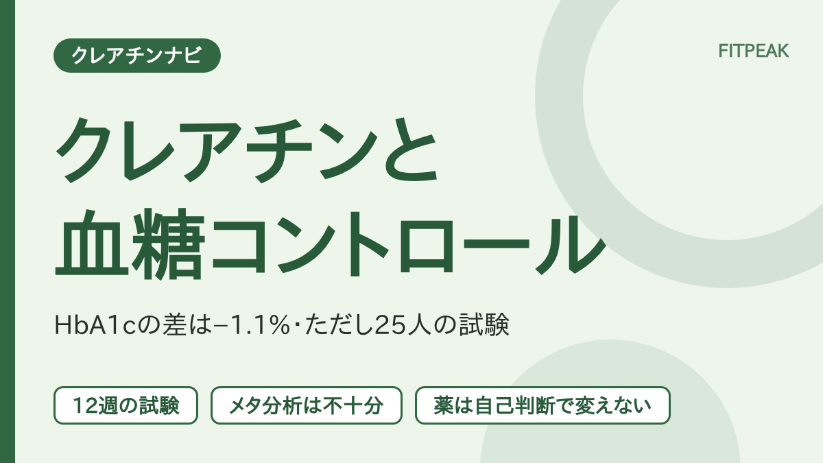 クレアチンと糖尿病の血糖コントロールの研究を、小規模な試験の数字とメタ分析の評価で示した図解