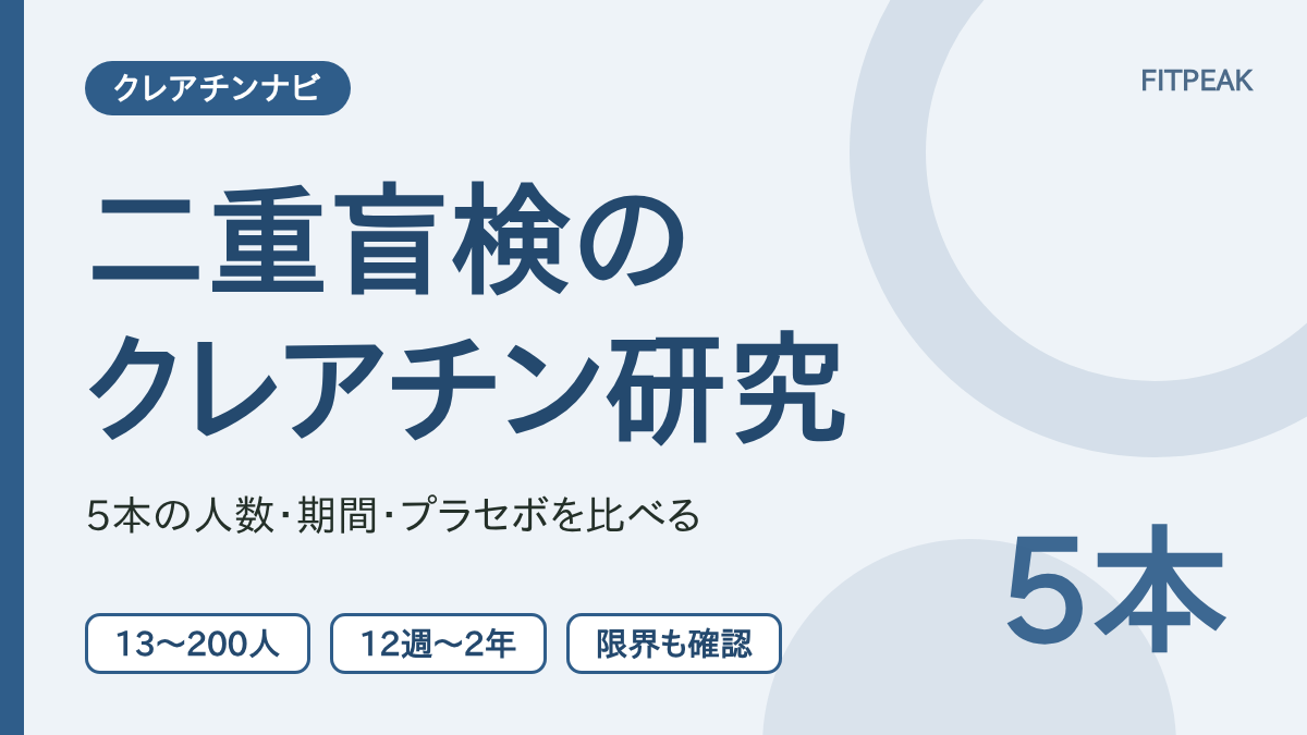二重盲検でクレアチンを調べた5本の試験を、人数・期間・プラセボの違いで比べた図解