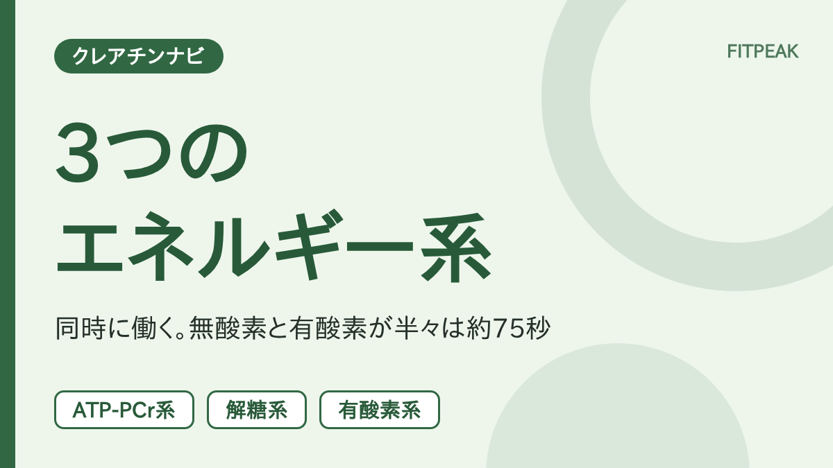 ATP-PCr系・解糖系・有酸素系の3つのエネルギー系が同時に働き、無酸素と有酸素が約75秒で半々になることを示した図解