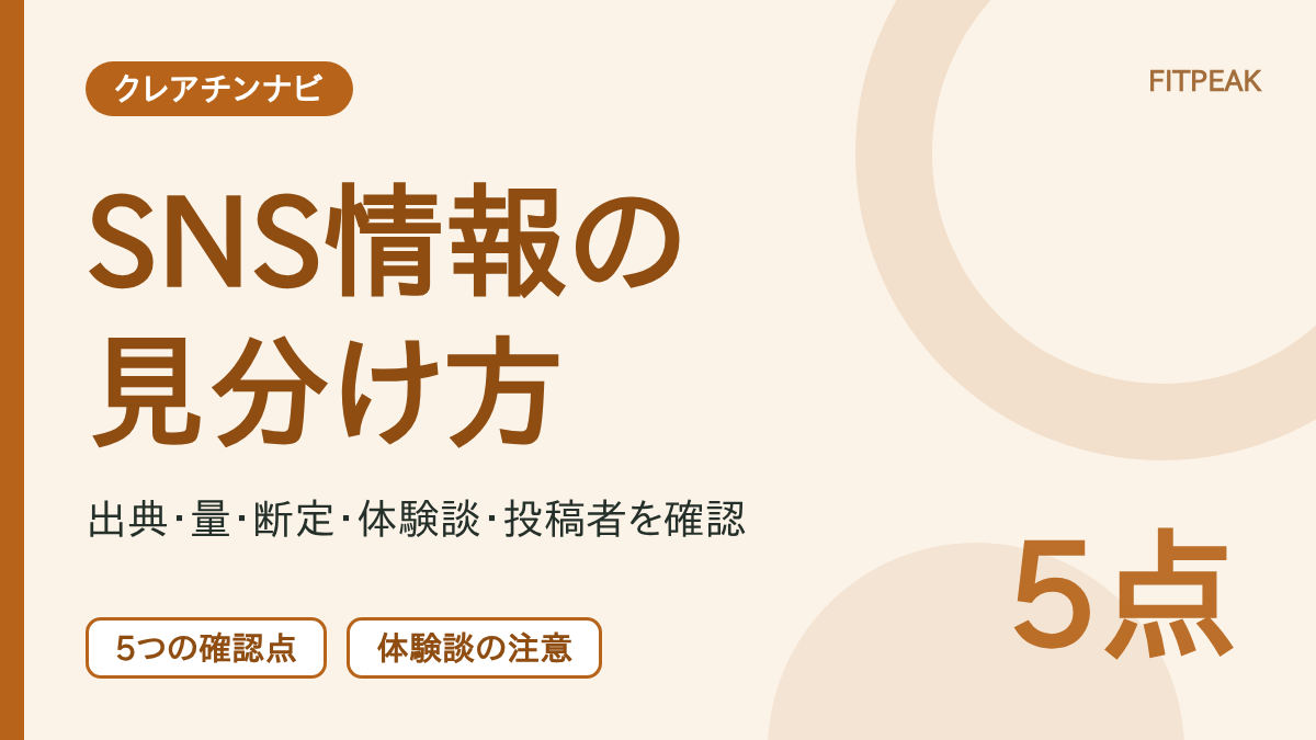 クレアチンのSNS情報を、出典・量・断定表現・体験談・投稿者の5つの確認点で見分ける方法を示した図解
