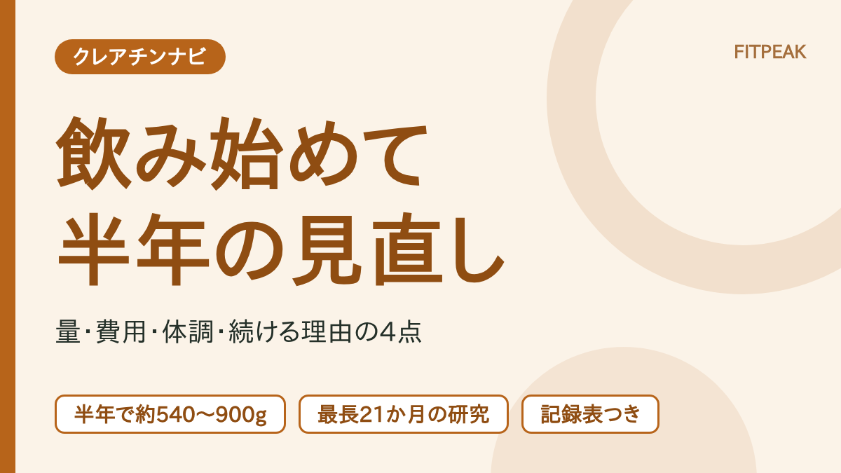 クレアチンを飲み始めて半年の人が見直す、量・費用・体調・続ける理由の4点を示した図解