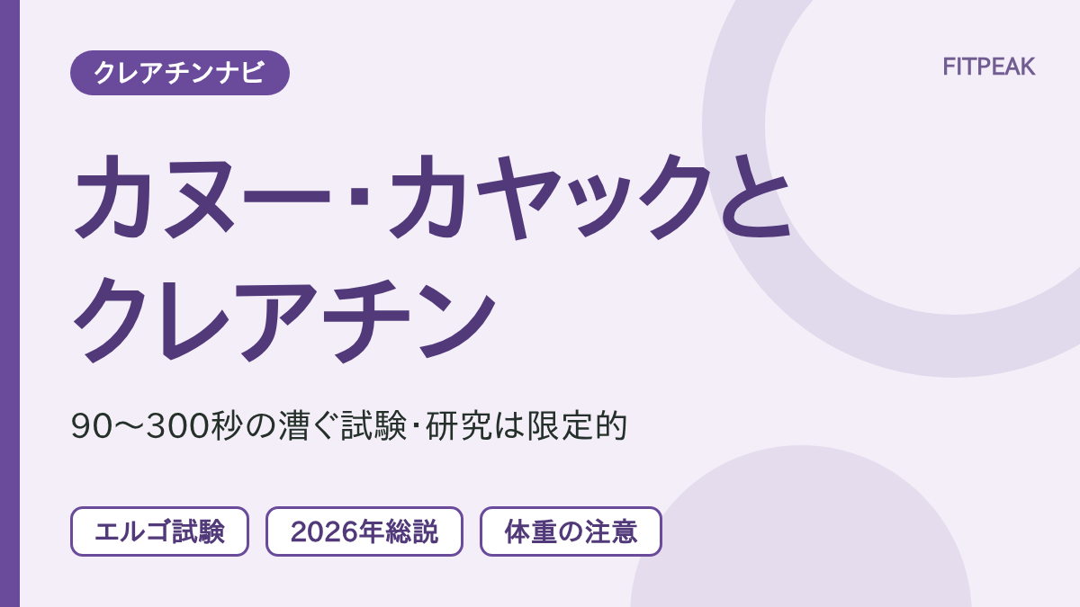 カヌー・カヤックとクレアチンの関係を、試験の時間・総説の結論・体重の注意の3点で示した図解