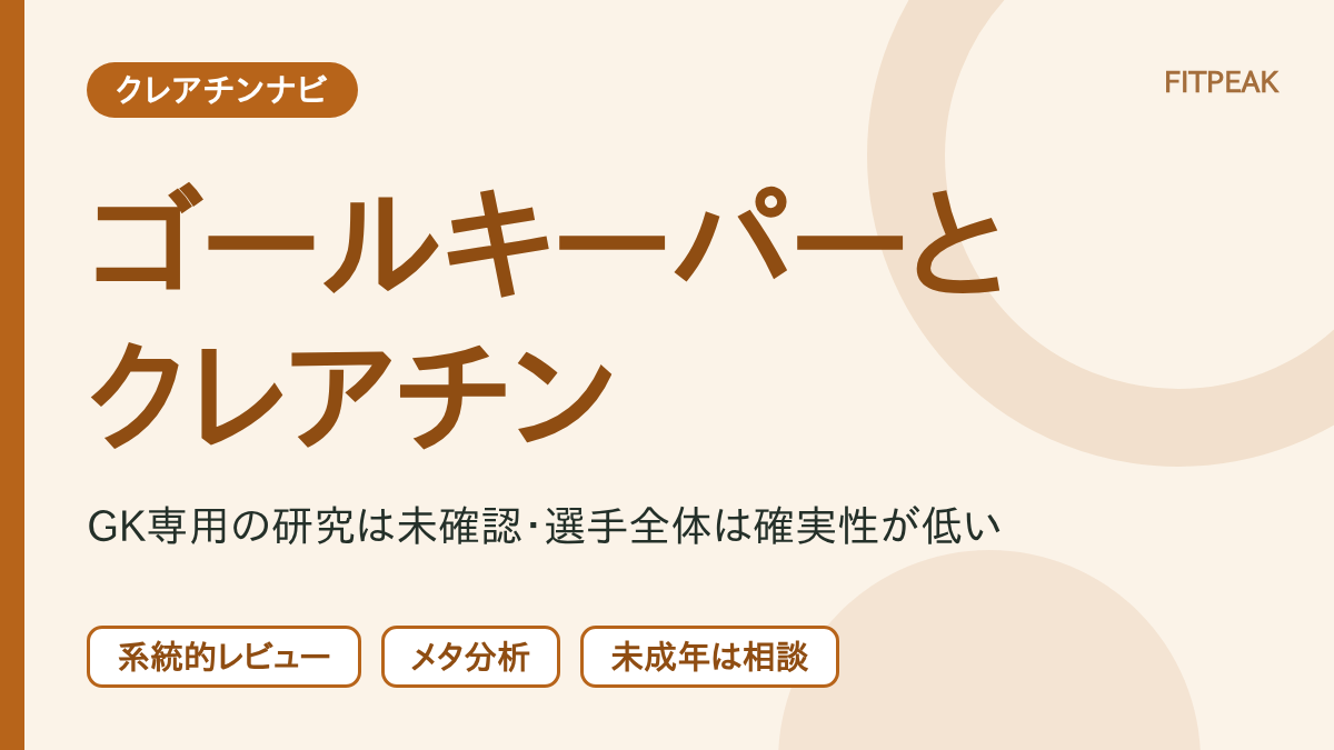 サッカーのゴールキーパーとクレアチンの関係を、GKに絞った研究の有無・選手全体の結果・未成年の注意の3点で示した図解