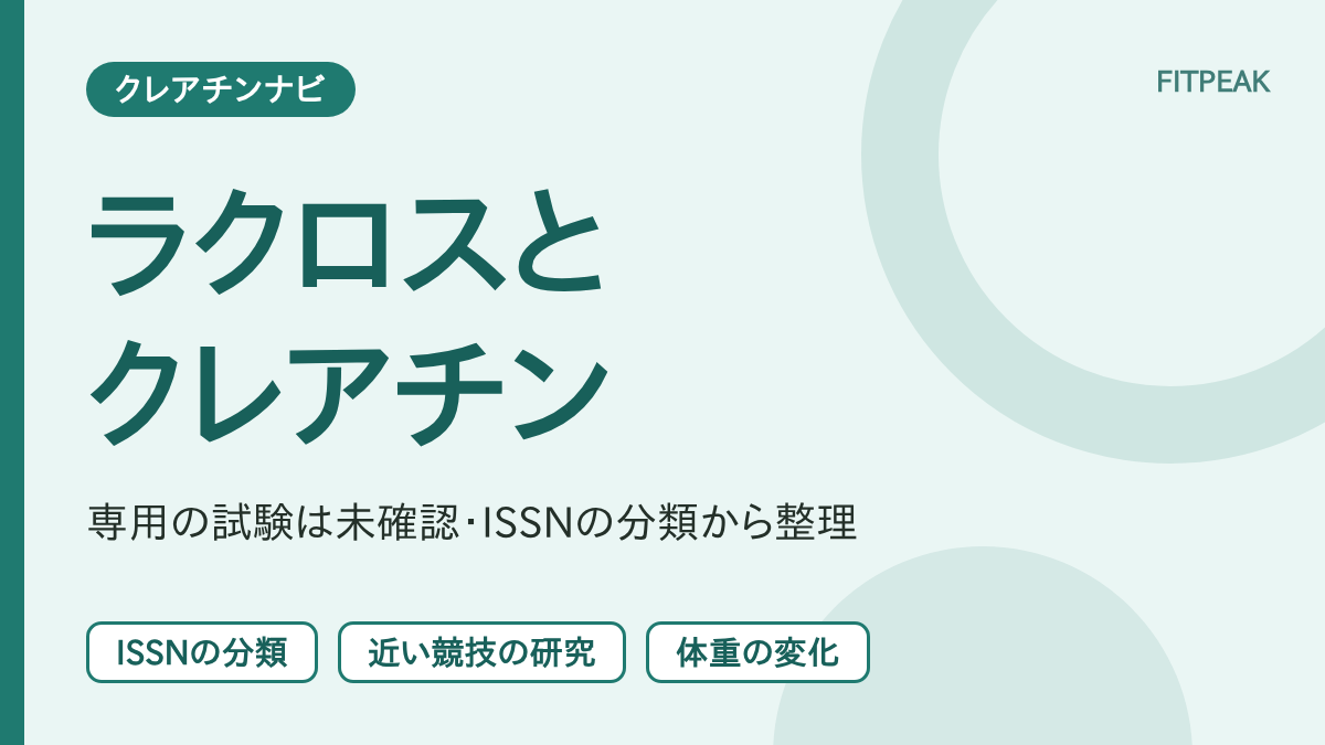 ラクロスとクレアチンについて、ISSNの分類、近い競技の研究、体重の変化の3点で示した図解