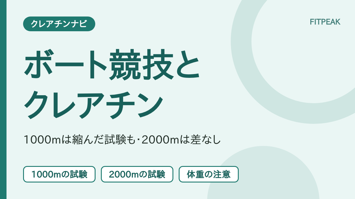 ボート競技とクレアチンについて、1000mの試験、2000mの試験、体重の注意の3点で示した図解