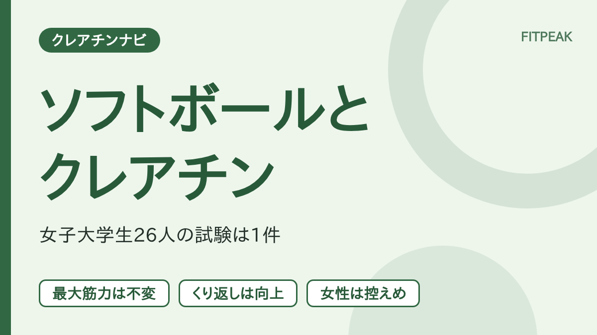 ソフトボールとクレアチンについて、最大筋力は変わらず、くり返しの筋力は向上し、女性は効果が控えめという3点で示した図解
