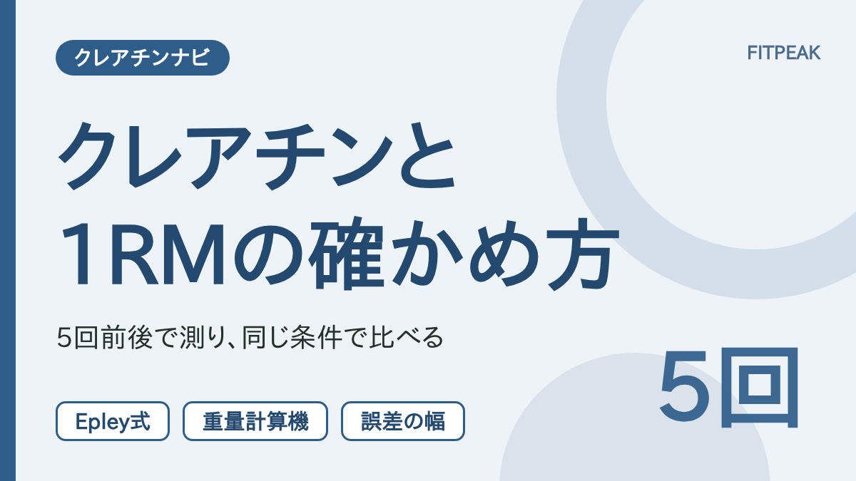クレアチンを飲み始めたあと、重量計算機で1RMを推定して伸びを確かめる手順を示した図解