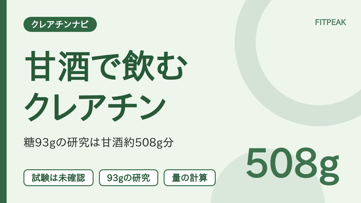 クレアチンを甘酒で飲む場合に、研究で使われた炭水化物93g分の甘酒が約508gにあたることを示した図解