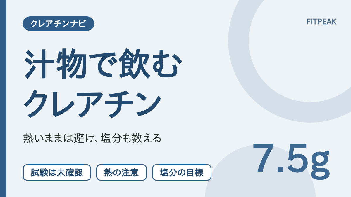 クレアチンをみそ汁やスープで飲む場合の、熱の注意と、食塩の1日の目標量7.5g未満を示した図解