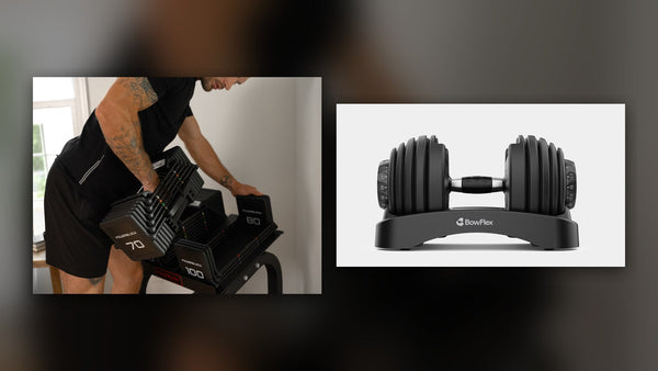 スタンドに置いたPowerBlockの可変式ダンベルでロウを行う場面と、BowFlex SelectTech 552のトレー付き公式商品画像