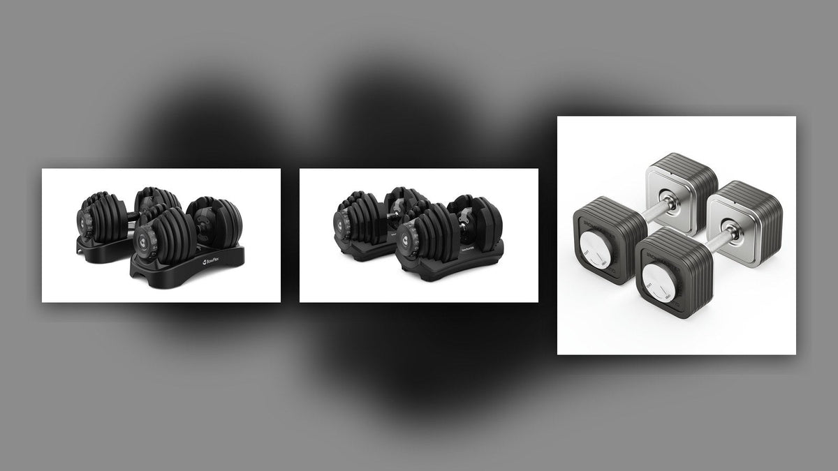 BowFlex SelectTech 552、SelectTech 1090、Ironmaster Quick-Lockの可変式ダンベルを並べた公式商品画像