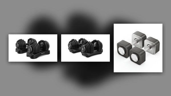 BowFlex SelectTech 552、SelectTech 1090、Ironmaster Quick-Lockの可変式ダンベルを並べた公式商品画像