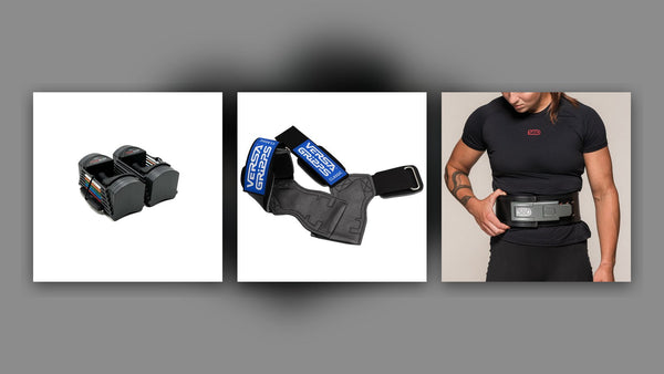 可変式ダンベル(PowerBlock Sport 24)、リストストラップ型パワーグリップ(Versa Gripps Classic)、レバーベルト(SBD 10mm)の公式商品画像を並べたもの