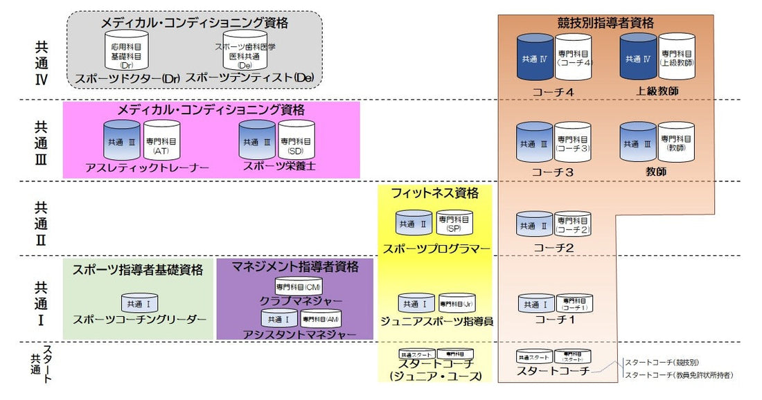 JSPO公認スポーツ指導者資格の共通科目の段階図。スポーツプログラマーは共通科目Ⅱの段